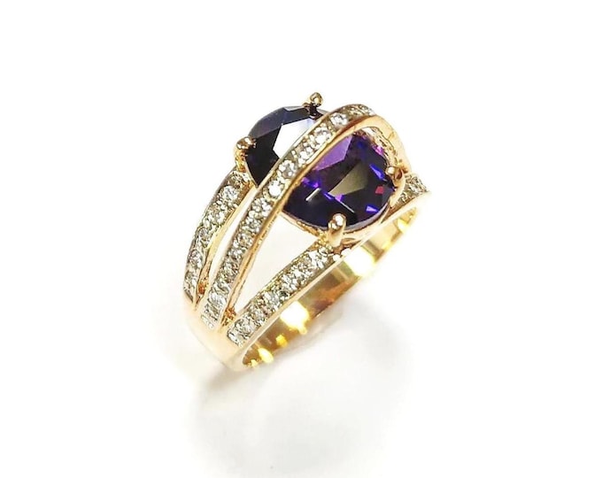 Regal Amethyst Gold Ring, Elegant 18K Gold-Plated Purple CZ February Birthstone Jewelry, Luxurious Statement Cocktail Wedding, Birthday Gift