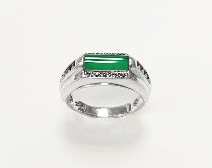 925 Green Onyx Signet Ring • Sterling Silver Stone Ring • Stylish Vintage Art Deco Style Inspired Jewelry • Rectangular Greenery Agate Stone