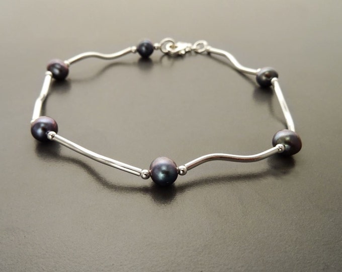 Pearl Bracelet, Sterling Silver, Tahitian Style Blue Gray Color Shell Pearls Beads Balls Bracelet, Modern Minimalist Jewelry