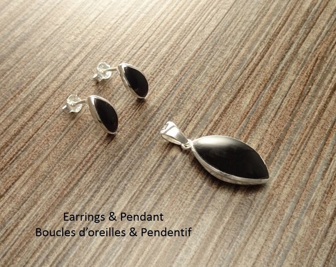 Black Oval earrings Set, Sterling Silver, Almond Shape Onyx Stone, Dangle Post Earrings, Modern Minimalist pointed style Design Jewelry