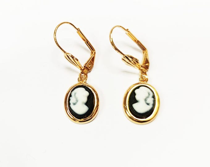 Gold Cameo Earrings - Black & White Resin Stone Jewelry - Victorian Woman Face Portrait Cameo - Vintage Lever-Back Earrings - Gift For Her