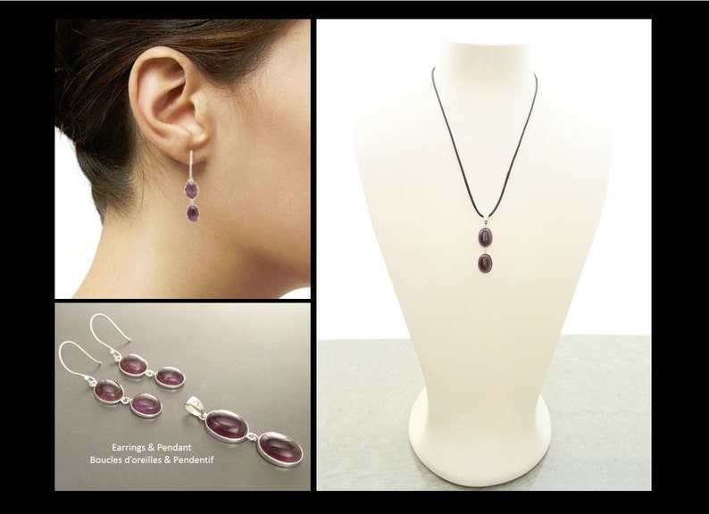 May include: Silver earrings and pendant necklace featuring oval, deep purple gemstones. The jewelry is displayed on a mannequin and a person's ear. The image also shows a close-up of the earrings and pendant.