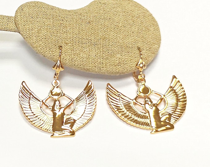 Egyptian Goddess Earrings • 18K Gold Plated Lever Back • Winged Isis Ancient Egypt Divine God Strength Protection Symbol • Jewelry for Her