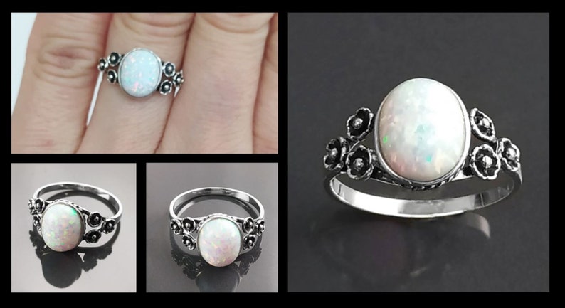 Puede incluir: Anillo de plata con una piedra de &oacute;palo ovalada e iridiscente. El anillo presenta detalles florales alrededor de la piedra y en la banda. El &oacute;palo muestra destellos de color. El dise&ntilde;o del anillo sugiere un estilo vintage.