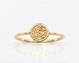 Hammered Disc Ring • 18K Gold plated • Textured Round Medallion Band • Contemporary Jewelry