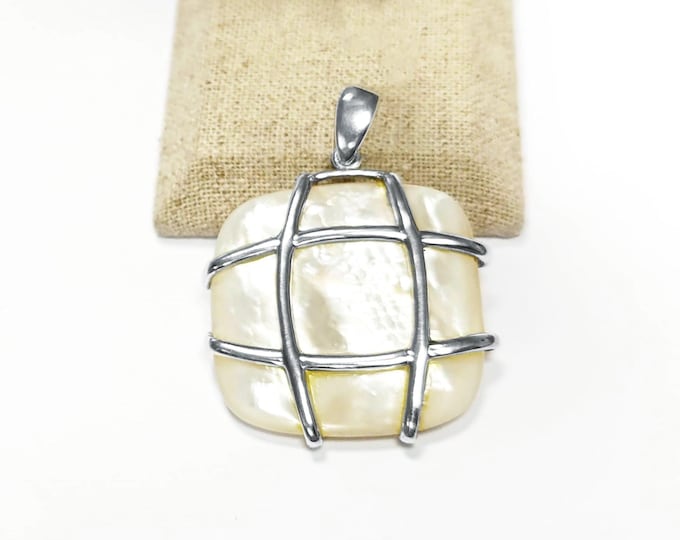 Statement Square Shell Pendant, Sterling Silver, GENUINE White MOP Mother of Pearl, Modern Geometric Stone Necklace, Original Lace Jewelry