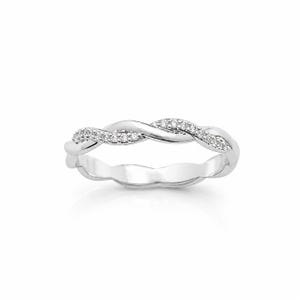 May include: A silver-toned ring featuring a twisted band design. One half of the twisted metal surface is encrusted with small, clear, round-cut stones, while the other half of the band remains smooth, polished, and reflective metal.