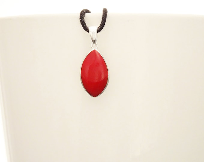 Red Oval Pendant - Sterling Silver Pendant, Almond Shape, Lipstick Red, Minimalist Stone Pendant, Synthetic Coral Color, Modern Pendant