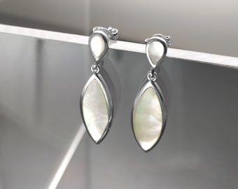 White Oval Earrings, Sterling Silver, Bright Mother of Pearl Shell Earrings, Oval Stone Dangle Earrings, Geometric Jewelry