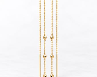 Ball Threader Earrings • 18K Gold plated • Long Chain Balls and Bar Drops • Minimal Jewelry