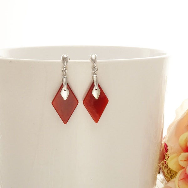 Red Dangle Earrings, Sterling Silver, Diamond Shape, Red Agate Stone Earrings, Carnelian Stones Earrings, Ruby Color, Modern Earrings