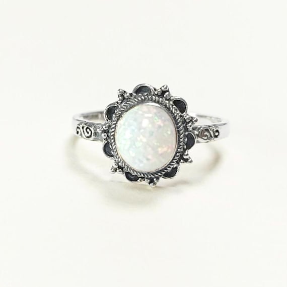 925 Vintage Opal Ring, Sterling Silver, White Fire Opal Gemstone Jewelry, Oval Fiery Opal Stone Jewelry, Woman Boho Tribal Style Gift