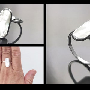Bague Nacre Ovale Plate Argent 925, véritable Nacre Perlière ovale reflets irisés, bijoux pour tous les jours, style minimaliste moderne image 2