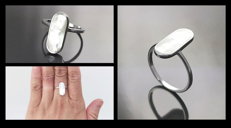 Bague Nacre Ovale Plate Argent 925, véritable Nacre Perlière ovale reflets irisés, bijoux pour tous les jours, style minimaliste moderne image 2