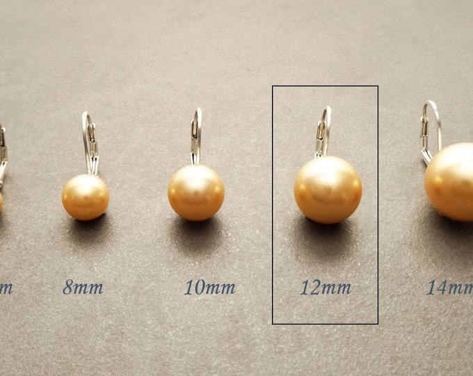 Gold Pearl Earrings, Sterling Silver, 12 mm Balls Earrings, GENUINE Shell Pearl, Lever Back, Minimalist, Pearl Jewelry, Prom, Gifts