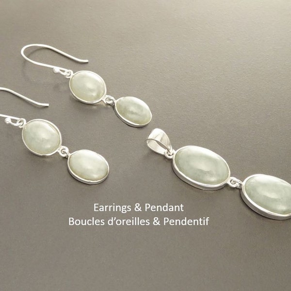 Parure Jade NATUREL, argent massif 925 pierre de guérison Boucles d'oreilles Jade NON TEINT minimaliste pendentif Pierre véritable Jade vert