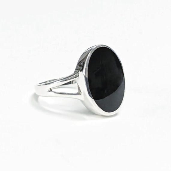 OVAL BLACK STONE  RING-SILVER925-ストーンリング 925 Oval Black Ring, Sterling Silver Ring Flat Oval Stone, Genuine