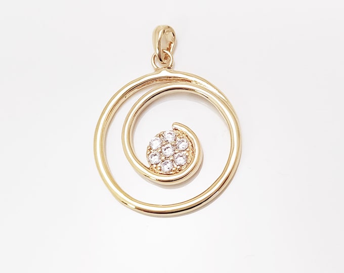 Golden Spiral Pendant, Genuine 18K Gold Plated, white Sparkling Cz stones, Coil Design Necklace, Modern Jewelry, Swirl Loop Design Charm