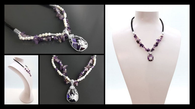 Collier Améthyste , Cuir, Galuchat, Torque, Perles, Nacre, Fleur, Zirconia, Bohème, Pendentif Améthyste, Violet, Collier Argent image 7