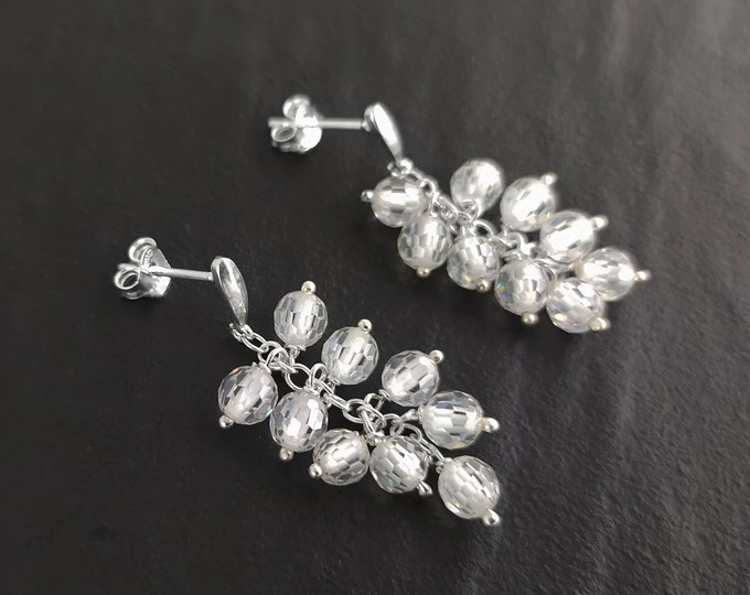 crystal earrings, sterling silver, dangle bunch stones earrings, white clear color bead, Pending teardrop modern drop cluster chain jewelry