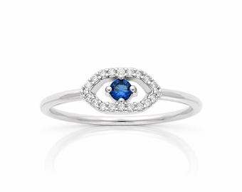Protective Eye Ring • Sterling Silver • Blue Sapphire Cz & Diamond Cz Pave Open Band • Talisman Jewelry