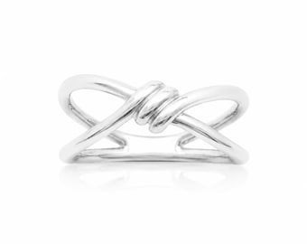 Sterling Silver Crossover Ring • Sculptural Knot Wrap Band • Minimalist Open Criss Cross Design Jewelry