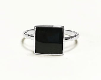Black Onyx Ring, Stacking Ring 925 Sterling Ring - Square Ring - Minimalist Ring - Affordable Ring - Black Stone Ring - Dainty Silver Ring.