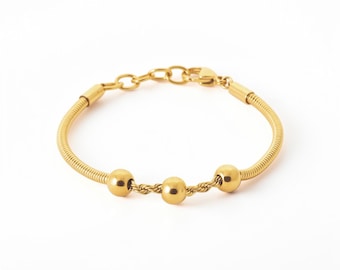 Bracelet chaîne serpent or • Doré or fin 18K • Bijou minimaliste à trois perles • Cadeau chic et décontracté pour elle
