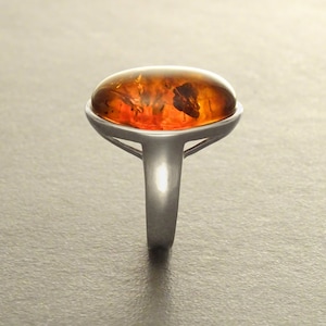 Amber ring, sterling silver ring, genuine cognac color amber with inclusions jewelry, oval stone ring, modern minimalist designer ring image 1