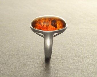 Amber ring, sterling silver ring, genuine cognac color amber with inclusions jewelry, oval stone ring, modern minimalist designer ring