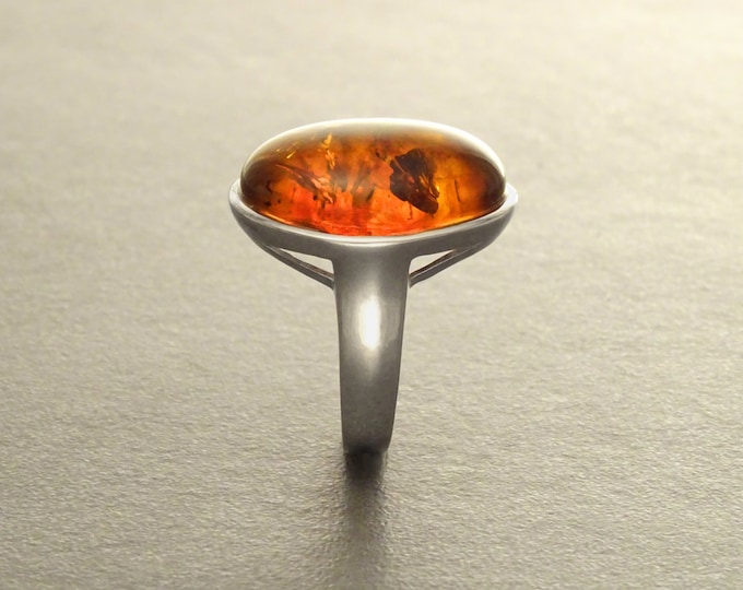 Amber ring, sterling silver ring, genuine cognac color amber with inclusions jewelry, oval stone ring, modern minimalist designer ring