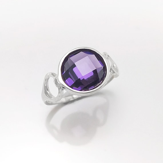 Grosse Bague En Argent Massif Avec Cabochon Violet - Taille 54 - Occasion Vintage