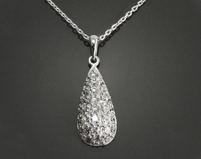 sparkling Cocktail Necklace, Sterling Silver, White Clear Stones (CZ), Teardrop Pear Shape, Classical Necklace, Pave Charm