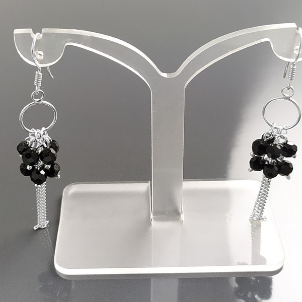 boucles d'oreilles pendantes noir, argent 925, boucles boules noires pendantes, pierre onyx noire, crochets modernes chaînes, bijoux femme