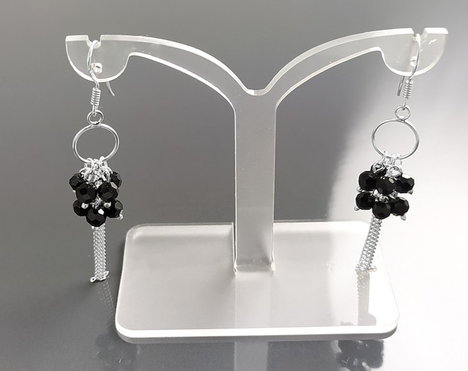 Black Stones Earrings, Sterling Silver, Pending Onyx Gemstone Earrings, Modern Drop Hooks Dangle Chains Earrings, Woman Jewelry