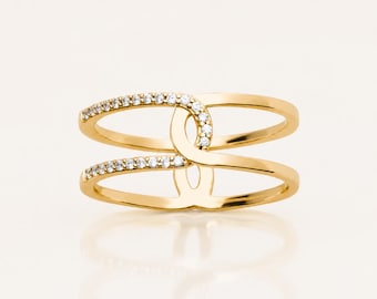 Infinity Crossover Ring • Gold plated 18K • Pavé Diamond Cz Double Loop Band • Elegant Jewelry