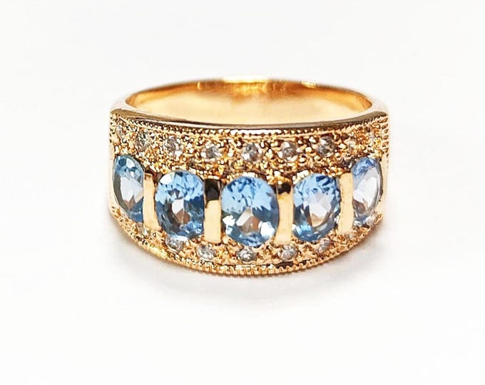 Aquamarine Gold Band Ring, 18K Gold-Plated Blue CZ Stones, Elegant March Birthstone Jewelry, Cocktail Wedding, Birthday Gift for Her