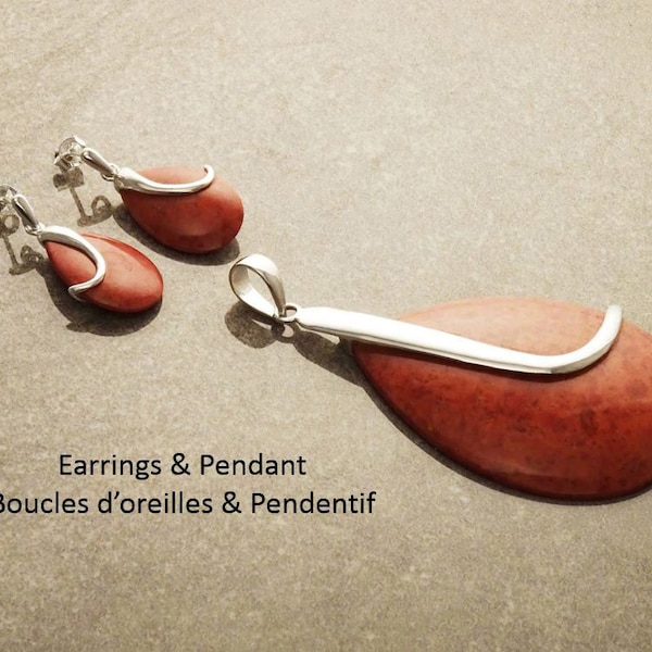 PARURE argent 925 - Boucles d'Oreilles et Pendentif -  Parure Rouge - Corail Rouge de Synthèse - Design Moderne et elegant. Parure Boho.