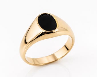 Gold Oval Signet Ring • Black Onyx Stone Pinky Band • Minimal Unisex Statement Jewelry