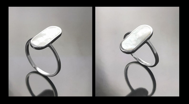 Bague Nacre Ovale Plate Argent 925, véritable Nacre Perlière ovale reflets irisés, bijoux pour tous les jours, style minimaliste moderne image 9