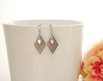Pendientes cuadrados grises - Plata de ley, pendientes de auténtica concha de paua gris, pendientes planos grises, pendientes colgantes modernos