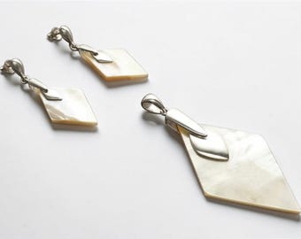 Mother of Pearl Diamond Earrings & Pendant Set, Sterling Silver, Geometric Shell Jewelry