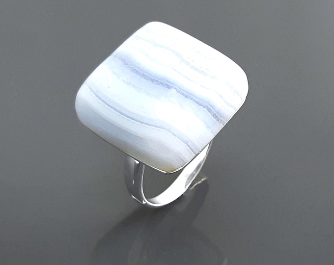 Blue Square Ring, Sterling Silver, NATURAL Chalcedony Striped Stone, Modern Minimalist Geometric Lined Style, Designer Jewelry