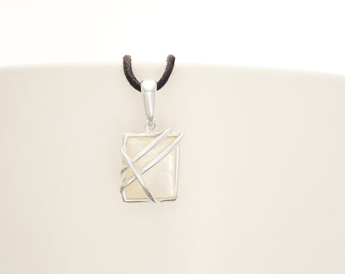 White MOP Pendant, Sterling Silver, Hipster Jewelry, Genuine Mother of Pearl Shell, Modern Square Pendant Necklace