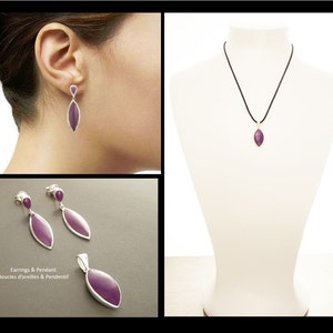 Parure Mauve Argent Massif 925, Boucles d'Oreilles et Pendentif, Bijoux assortis, Bijoux Parure, Bijoux Ensemble, Bijoux Mauve. image 2