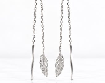 Leaf Threader Earrings • Sterling Silver • Long Chain Bar and Leaf Ends • Nature Jewelry