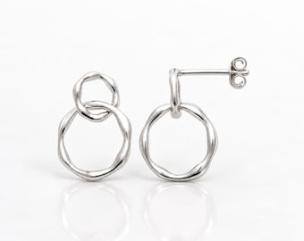 Hammered Double Circle Earrings • Sterling Silver • Interlocking Double Ring Studs • Minimalist Geometric Jewelry