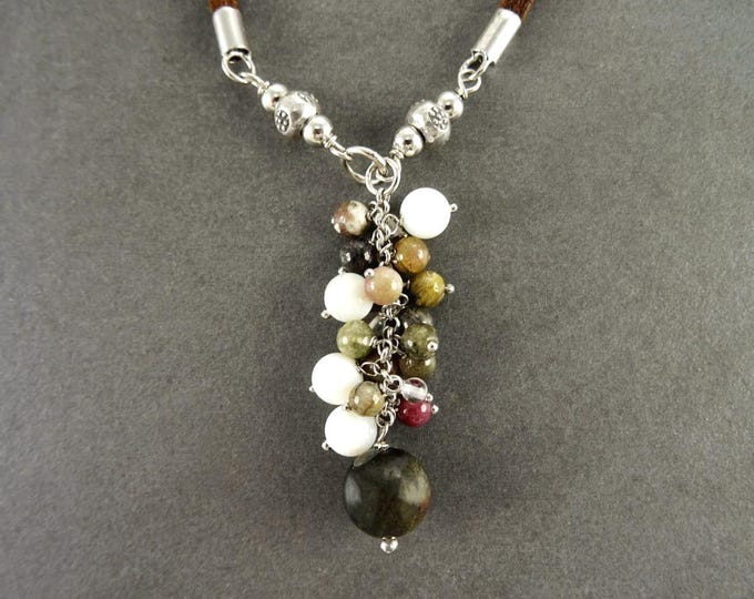 Mixed Stones Necklace Sterling silver, Mixed NATURAL Stones Drop Necklace, Lariat Cluster Gemstone Pendant, Brown Leather Jewelry