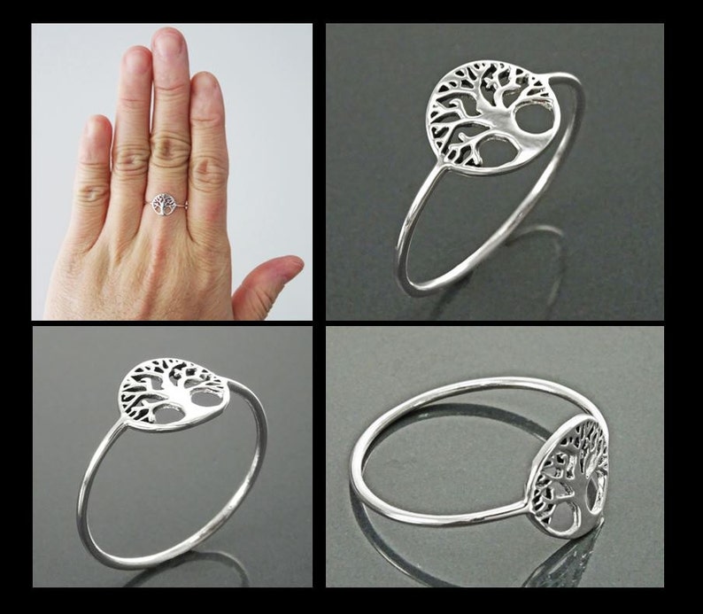 May include: A silver ring featuring a tree of life design. The ring is shown on a hand and on a white surface.