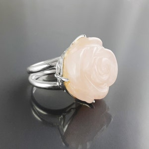 Rose Ring, Sterling Silver made, engraved stone, NATURAL Rose Quartz Gemstone jewelry, Rose flower, Floral design, Birthstone Ring image 3